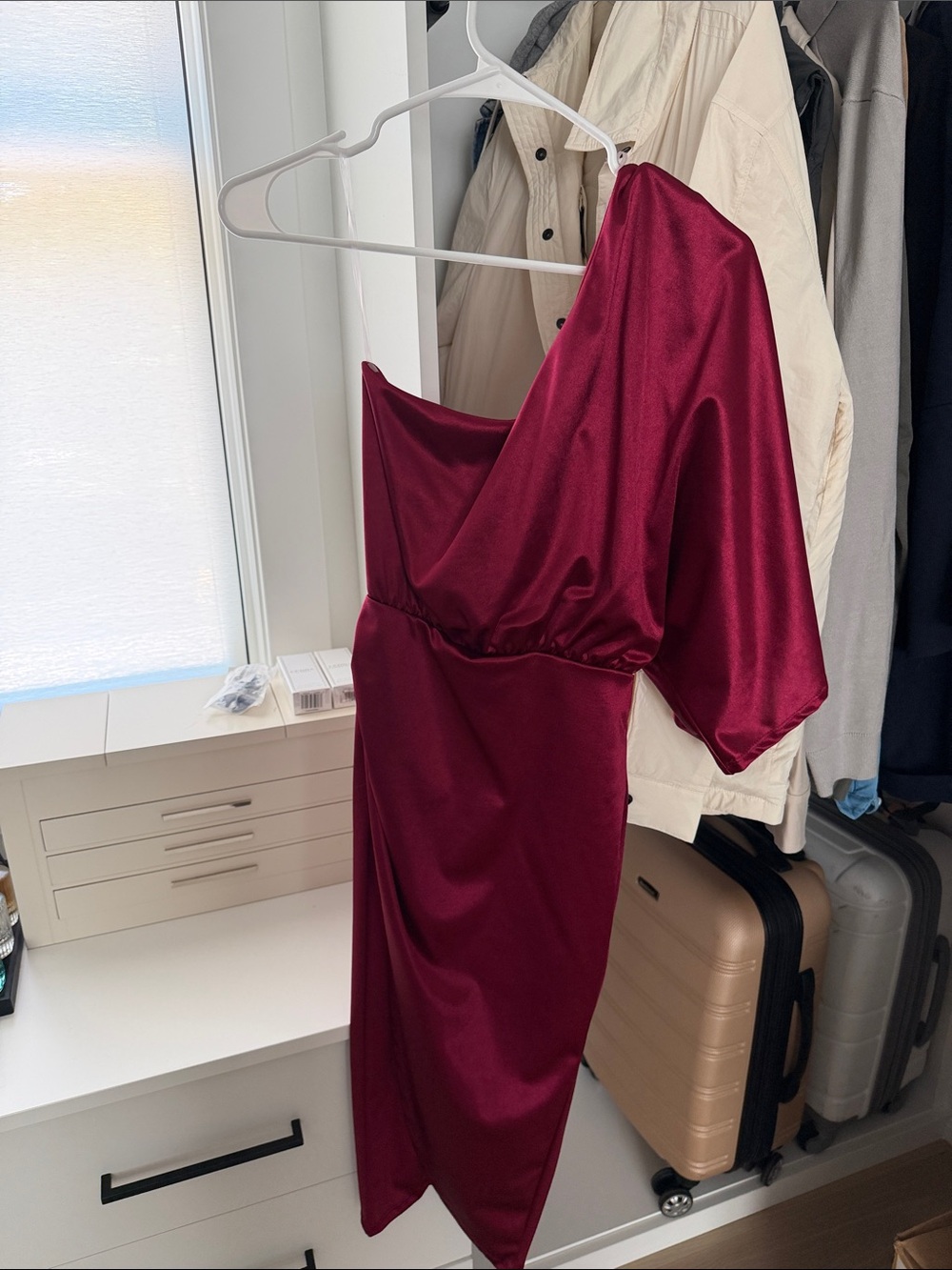 Pink Lily Women's One-Shoulder Satin Dress in Burgundy